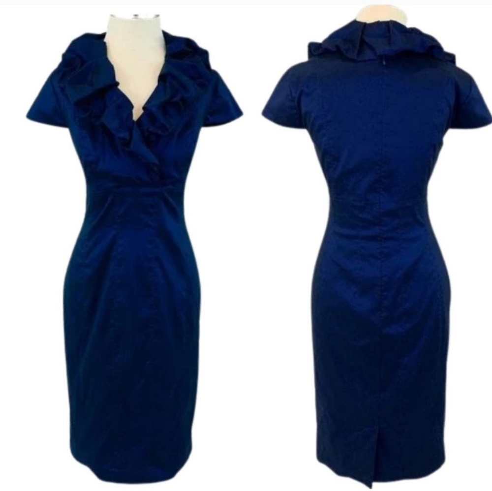 Adrianna Papell Iridescent Blue Sheath Ruffle Neck Dress Womens 12